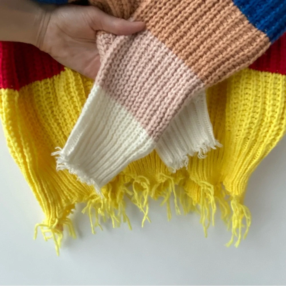 Main Strip : Rainbow Knit Fun Boho Frayed Hem Knit Sweater : Small - Picture 2 of 6